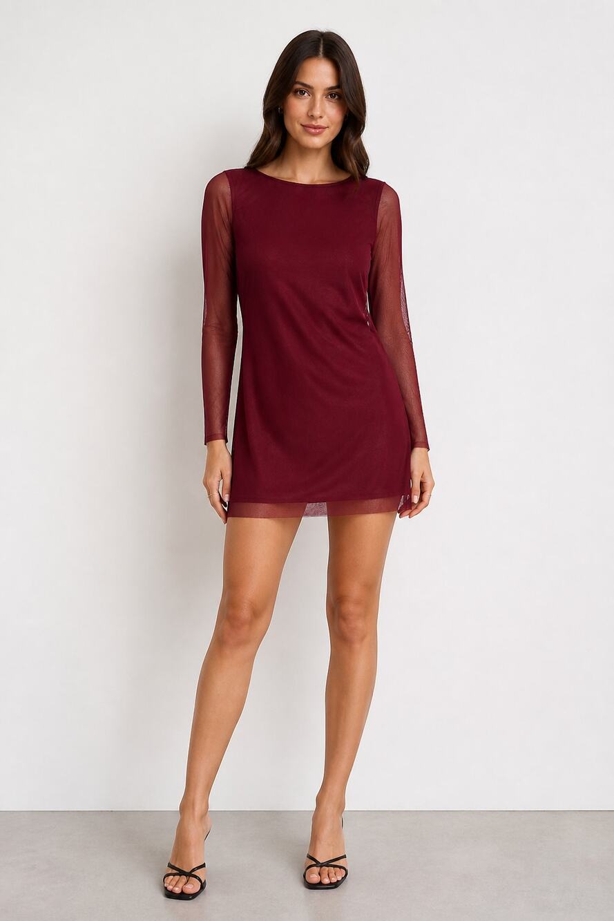 RIHOAS Women's Burgundy Mesh Bell Sleeve Mini Dress Size S NWT